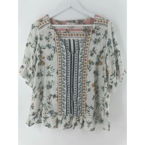 Lucky Brand Womens Floral Print Y2K Boho Peasant Flutter Blouse Size L T1000 - Picture 14 of 16